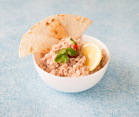 Mas Huni. Traditional Maldivian breakfast of tuna, coconut, onion and chili with chapati tortillas.