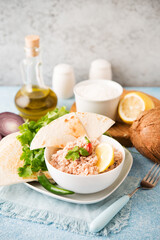 Mas Huni. Traditional Maldivian breakfast of tuna, coconut, onion and chili with chapati tortillas.