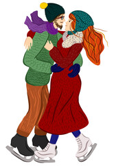 Figure skating. Winter dating concept. Man and woman, skating and embracing on ice rink. 