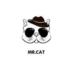 Logo cat with glasses. Vector drawing. Monochrome illustration. 
