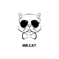 Logo cat with glasses. Vector drawing. Monochrome illustration. 