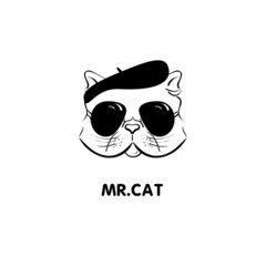 Logo cat with glasses. Vector drawing. Monochrome illustration. 