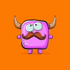 Vector cartoon funny pink monster with horn isolated on orange background. Smiling silly pink monster print sticker design template. Ghost, troll, gremlin, goblin, devil and monster