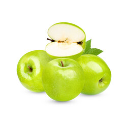 Fresh green apple with  leaves isolated on white background
