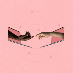 Contemporary art collage of two hands sticking out laptop screen reaching out towards each other...