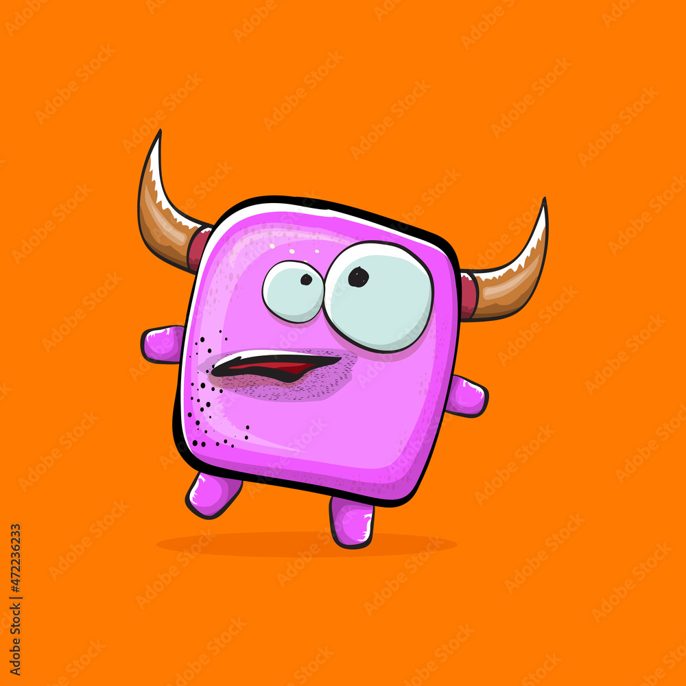 Wall mural vector cartoon funny pink monster with horn isolated on orange background. smiling silly pink monste