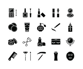 Cosmetics flat line icon set. Contains such signs as cream, lipstick, perfume, mascara, makeup Brush and more. Simple flat vector illustration for web site or mobile app