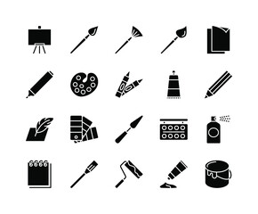 Art materials flat line icons set. Painting and Writing Tools - Brushes, Spray, Color palette, Paint Bucket and more. Simple flat vector illustration for web site or mobile app