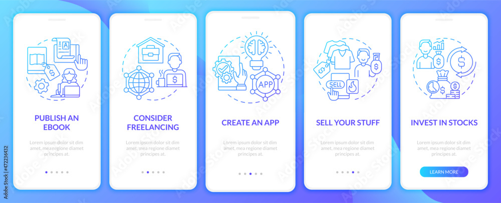Poster Money making ways onboarding mobile app page screen. Investment in stocks walkthrough 5 steps graphic instructions with concepts. UI, UX, GUI vector template with linear color illustrations
