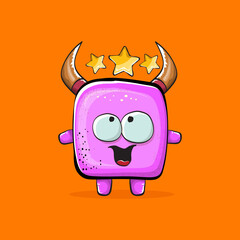 Vector cartoon funny pink monster with horn isolated on orange background. Smiling silly pink monster print sticker design template. Ghost, troll, gremlin, goblin, devil and monster