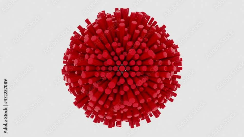 Poster a beautiful red sphere made of many shiny cylinders rotates counterclockwise on a white background. 