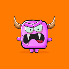 Vector cartoon funny pink monster with horn isolated on orange background. Smiling silly pink monster print sticker design template. Ghost, troll, gremlin, goblin, devil and monster