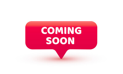 Coming soon red ribbon label banner. Open available now sign or coming soon tag.