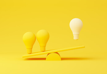 Yellow bulbs with one white bulb. Leadership and creative idea concepts. 3d rendering illustration.