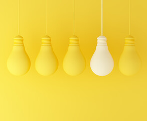 Yellow bulbs with one white bulb. Leadership and creative idea concepts. 3d rendering illustration.