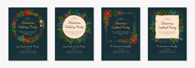 Christmas and Happy New Year party invitations templates.Festive vector layouts with hand drawn traditional winter holiday symbols.Xmas trendy designs for banners,invitations,prints,social media