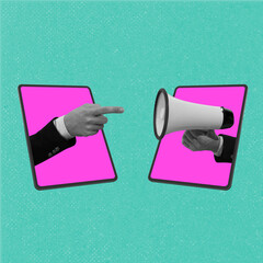 Contemporary art collage of hands sticking out tablet screen with megaphone isolated over mint background