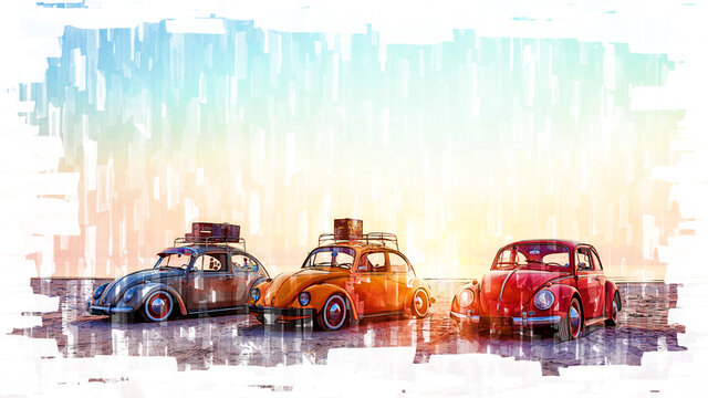 Abstrakte Darstellung von drei Käfer Volkswagen am Strand