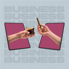 Contemporary art collage of two hands sticking out laptop screen with glass of drink and cigar isolated over gray background
