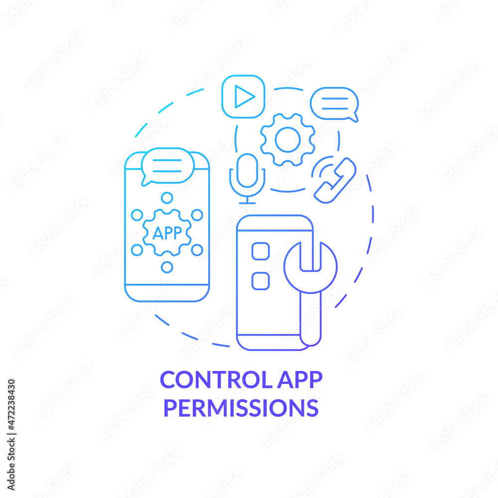 Aufkleber app permissions control setup blue concept icon. setting application to protect personal information