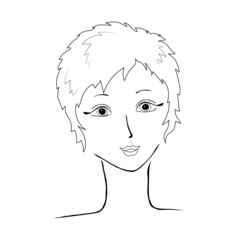 illustration the face of a young girl with a short haircut drawn by hand. Stylish original graphic portrait of a young attractive girl model. Fashion, style, beauty. Graphic, sketch drawing.