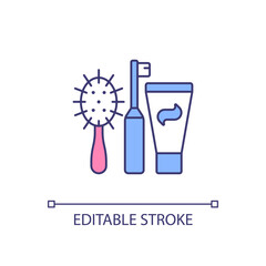Personal hygiene products RGB color icon. Toothbrush with toothpaste. Essential items. Hair comb. Feminine care package. Isolated vector illustration. Simple filled line drawing. Editable stroke