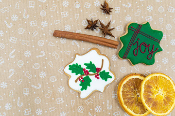 Gingerbread cookies on brown background