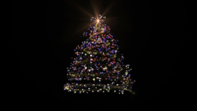 Christmas Tree.Christmas tree appearing animation with lights and flares.Make your Christmas Card and New Year Eve perfect adding appearing Christmas Tree.Black background for alpha channel.Type 2