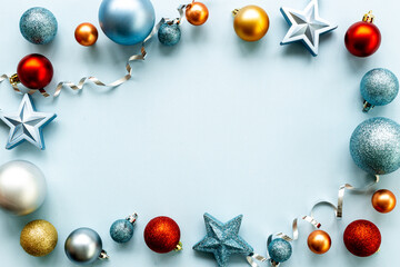 Festive Christmas and New Year baubles for decoration. Greeting card banner