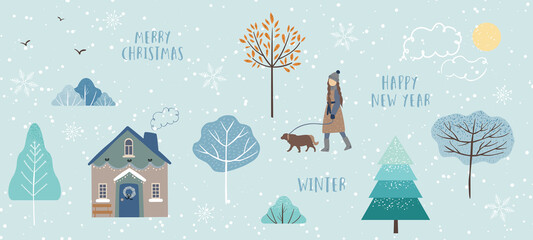 Cute illustration of winter trees, fir trees, bushes, leaves, woman, dog, birds, house, sun, snow and clouds. New year, christmas objects and nature elements to create a landscape. Vector illustration