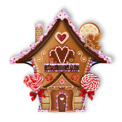 Valentine's day gingerbread house with cookies and candies
