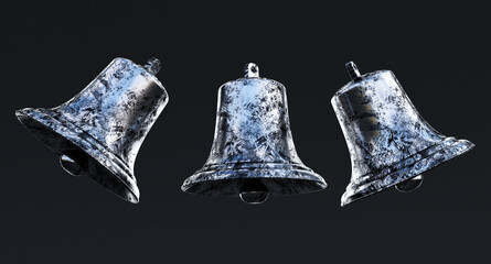 3d render of old silver bells isolated on black background,