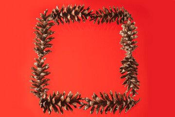 Pinecone frame on a bright red background