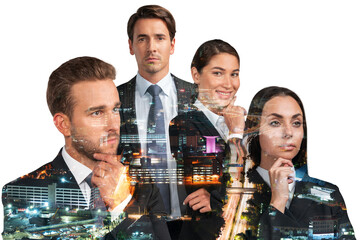 Group of four dreaming business people consultants in suits, hand on chin. Asia corporate lifestyle, multinational diverse young professionals. Night Kuala Lumpur city view. Double exposure