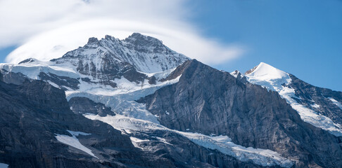 famous glacier Jungfrau and Silberhorn mountain peak, Grindelwald Switzerland