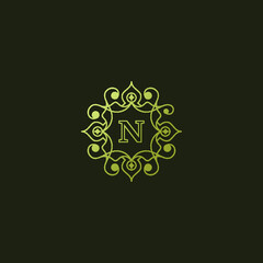 Luxury Logo design flourishes calligraphic elegant ornament lines with letter N. identity for Restaurant, Royalty, Boutique, Cafe, Hotel, Heraldic, Jewelry, Fashion and other vector illustration © Kalinyamat Pixel