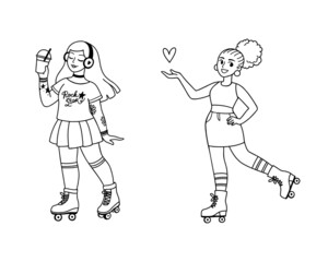Cartoon young women riding retro roller boots. Vector outline illustration isolated on white background. Art for coloring page, web, advert, or print. Hobby, sports lifestyle. 