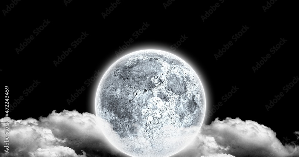 Poster digital composite of full moon and clouds at night with copy space