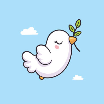 Cute dove of peace with olive branch kawaii cartoon vector illustration