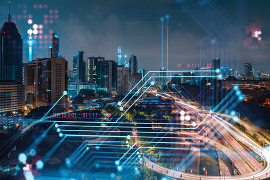 Information flow hologram, night panorama city view of Kuala Lumpur. KL is the largest technological center in Malaysia, Asia. The concept of programming science. Double exposure. - Powered by Adobe