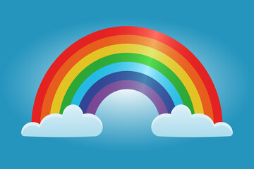 Cartoon rainbow with gradient and clouds. Flat vector Illustration on blue background