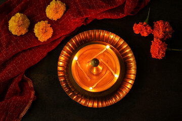 Indian woman holding lighting oil lamp Pongal Onam Diwali vishu celebration Indian festival...