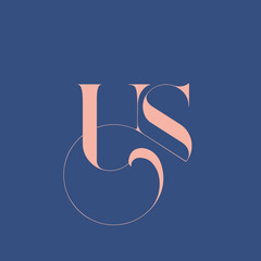 US monogram logo.Typographic signature icon.Decorative swirl uppercase letter u and letter s.Lettering sign isolated on dark fund.Wedding, fashion, beauty alphabet initials.Elegant, luxury style. © elaT