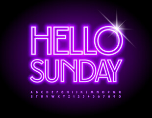 Vector neon card Hello Sunday. Elegant Glowing Font. Violet Light Tube Alphabet Letters and Numbers set 