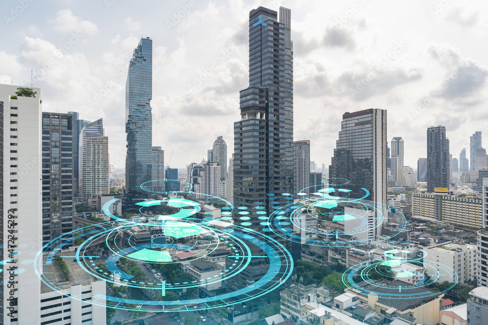 Poster technology hologram over panorama city view of bangkok. the largest tech hub in southeast asia. the 