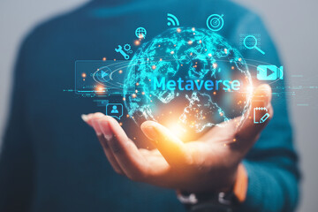 business man presenting graphic world metaverse cyber business In the business technology model, the concept of online digital processing.
