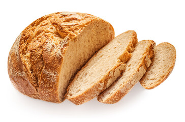 Freshly baked round  Bread isolated on white background.  Sliced, cutted wheat bread. Bakery, rustic  traditional food concept. Top view.