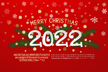 Fototapeta na wymiar Stylish poster Merry Christmas. Funny white numbers paper cut style, golden glitter and green pine branches on red background. Two vector sets of decorative fonts are included