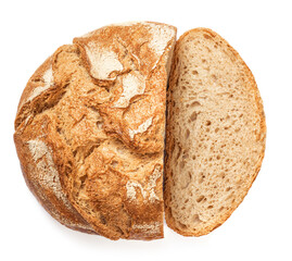 Freshly baked round  Bread isolated on white background.  Sliced, cutted wheat bread. Bakery, rustic  traditional food concept. Top view.