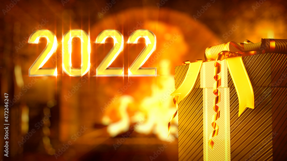 Poster giftbox on glowing fireplace backdrop with text 2022 for christmas - abstract 3d rendering